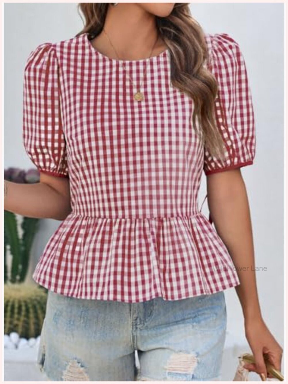 Womens Puff Sleeve Gingham Blouse Ruffle Peplum Babydoll Top Cotton Shirt - Picture 5 of 7